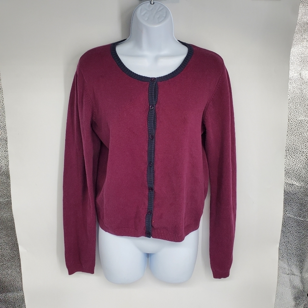 Arizona Jean Co Cropped Cardigan Sweater S Maroon Navy Trim Cotton Blend Y2K